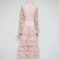 Cream/Pink Lace Tiered Midi Dress | High Neck Long Sleeve Elegant Dress