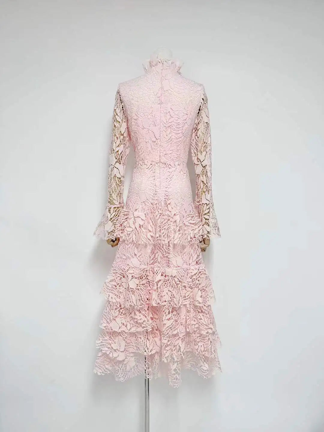 Cream/Pink Lace Tiered Midi Dress | High Neck Long Sleeve Elegant Dress