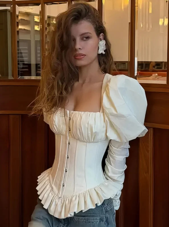 Puff Sleeve Backless Corset Crop Top