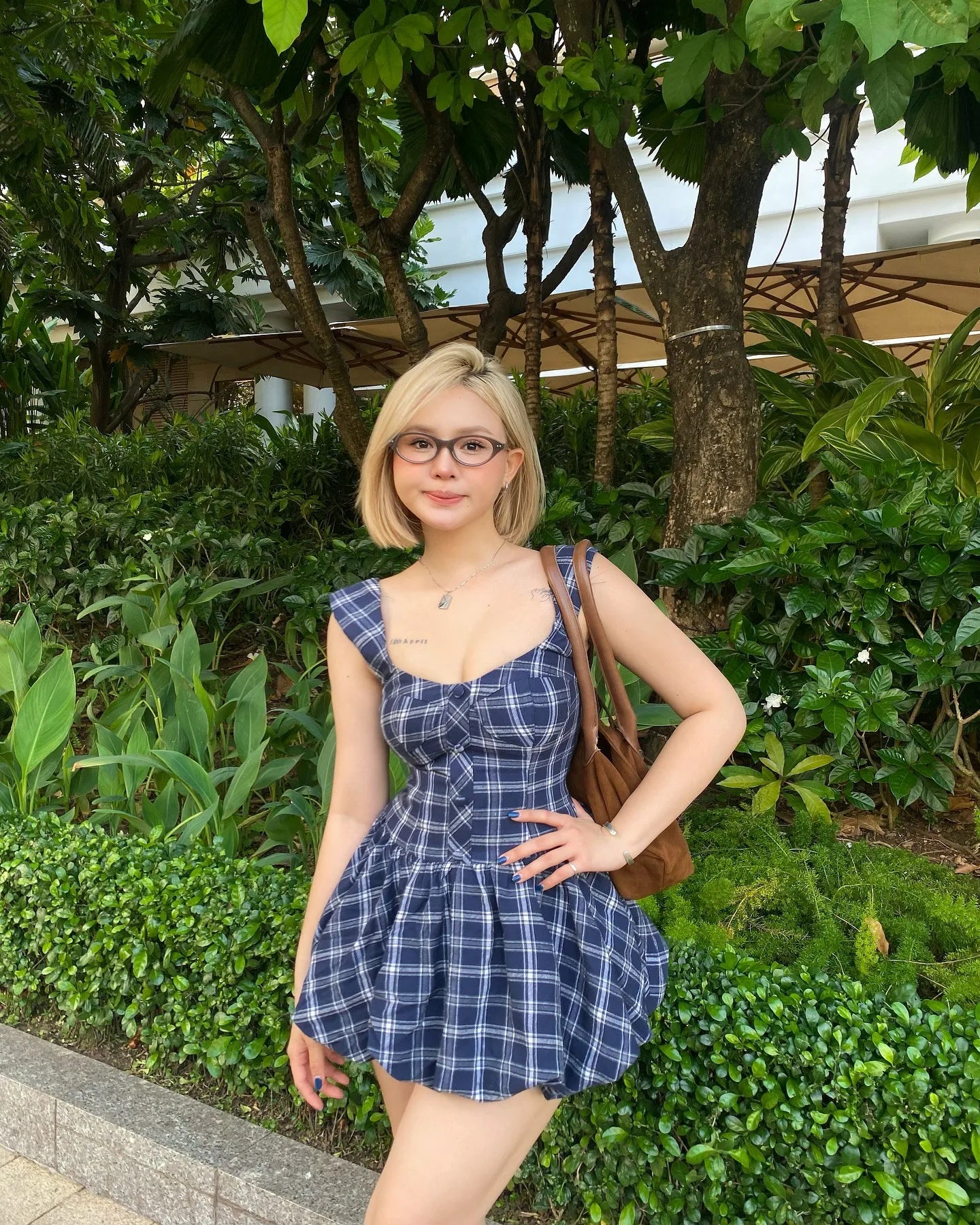 Blue Plaid Sweetheart Neck Bubble Hem Mini Dress