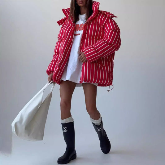 Street Loose Striped Thicken Hooded Cotton Jacket Long Sleeve Zipper Warm Coat