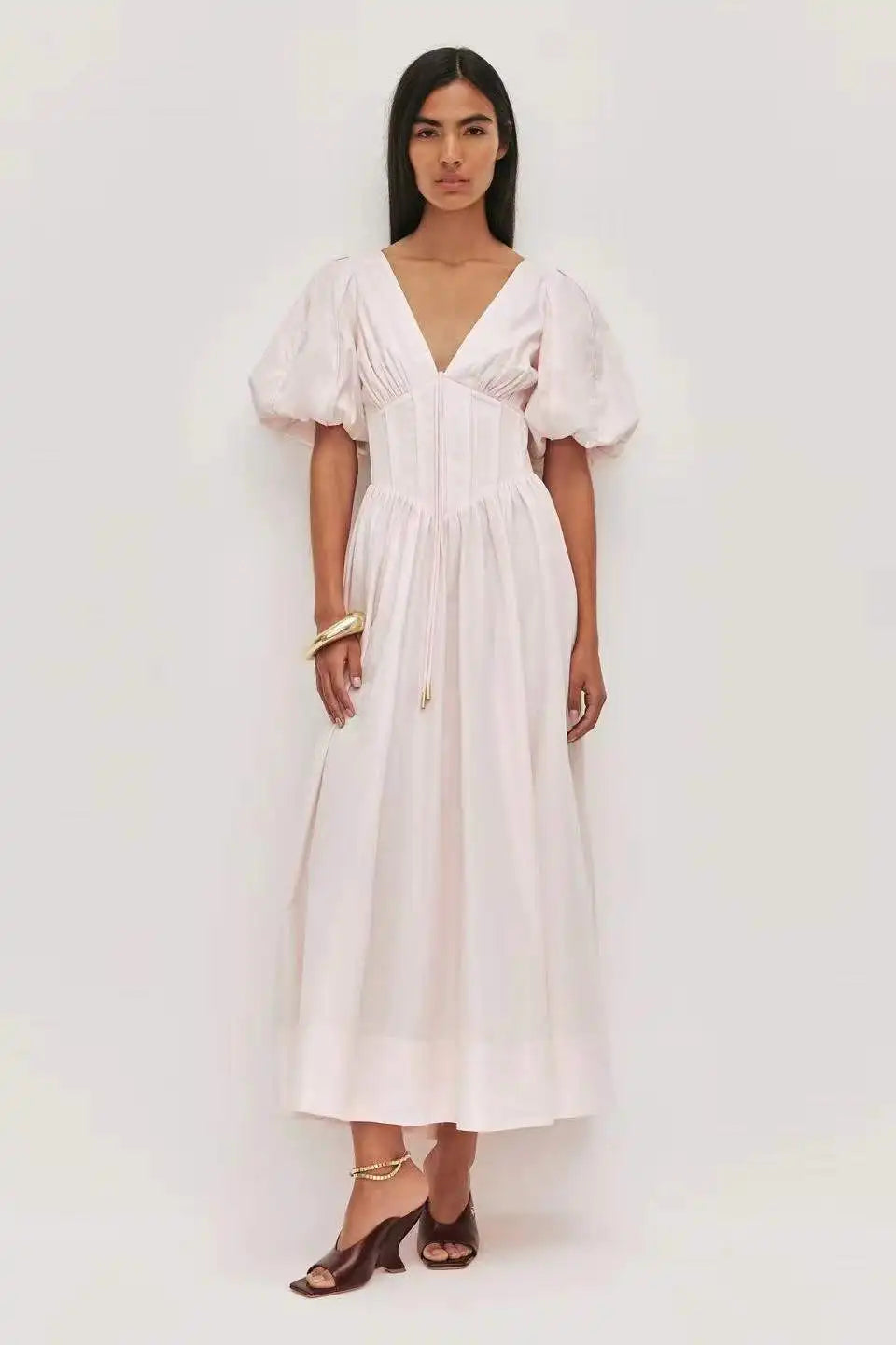 Puff Sleeve Corset V-Neck Midi Dress