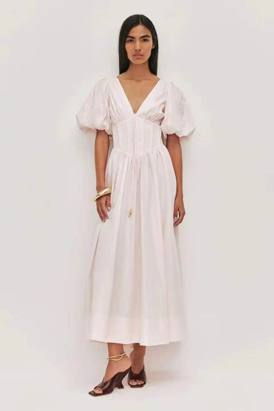 Puff Sleeve Corset V-Neck Midi Dress