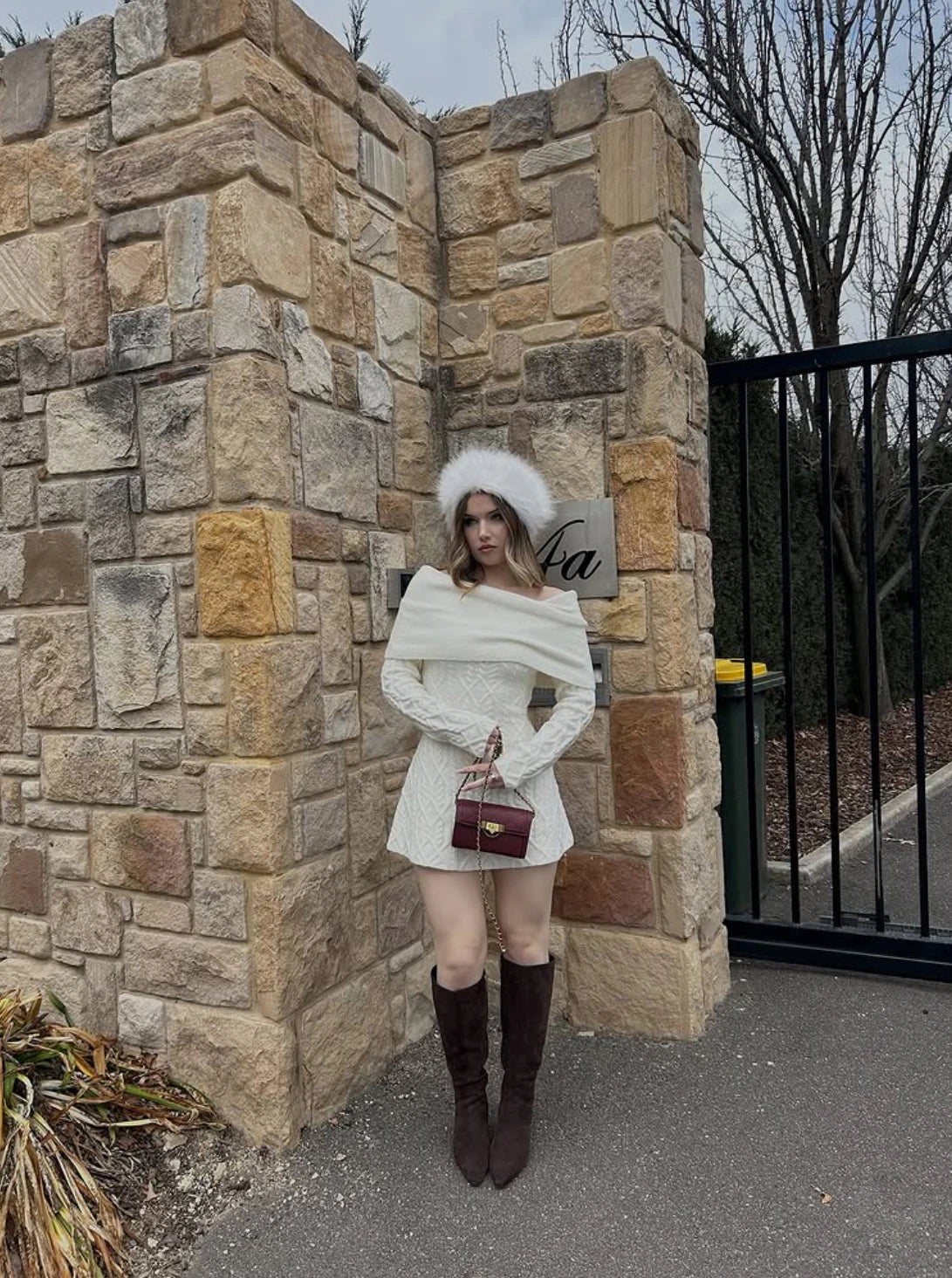 Knitted Solid Full Sleeve Striped Slash Neck Mini Dress