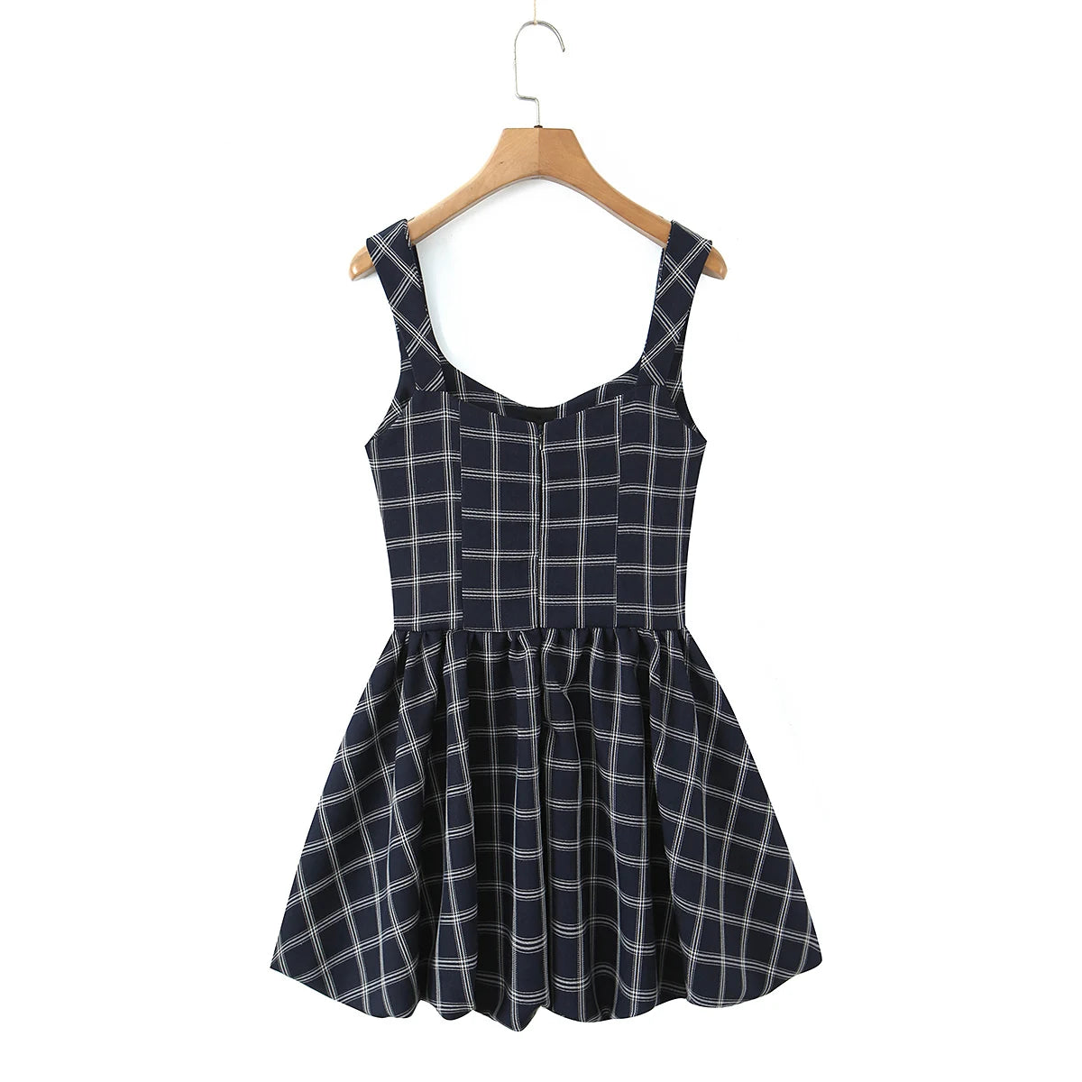 Blue Plaid Sweetheart Neck Bubble Hem Mini Dress