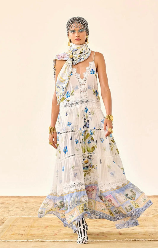 V-neck Floral Patchwork Sleeveless Long Dress
