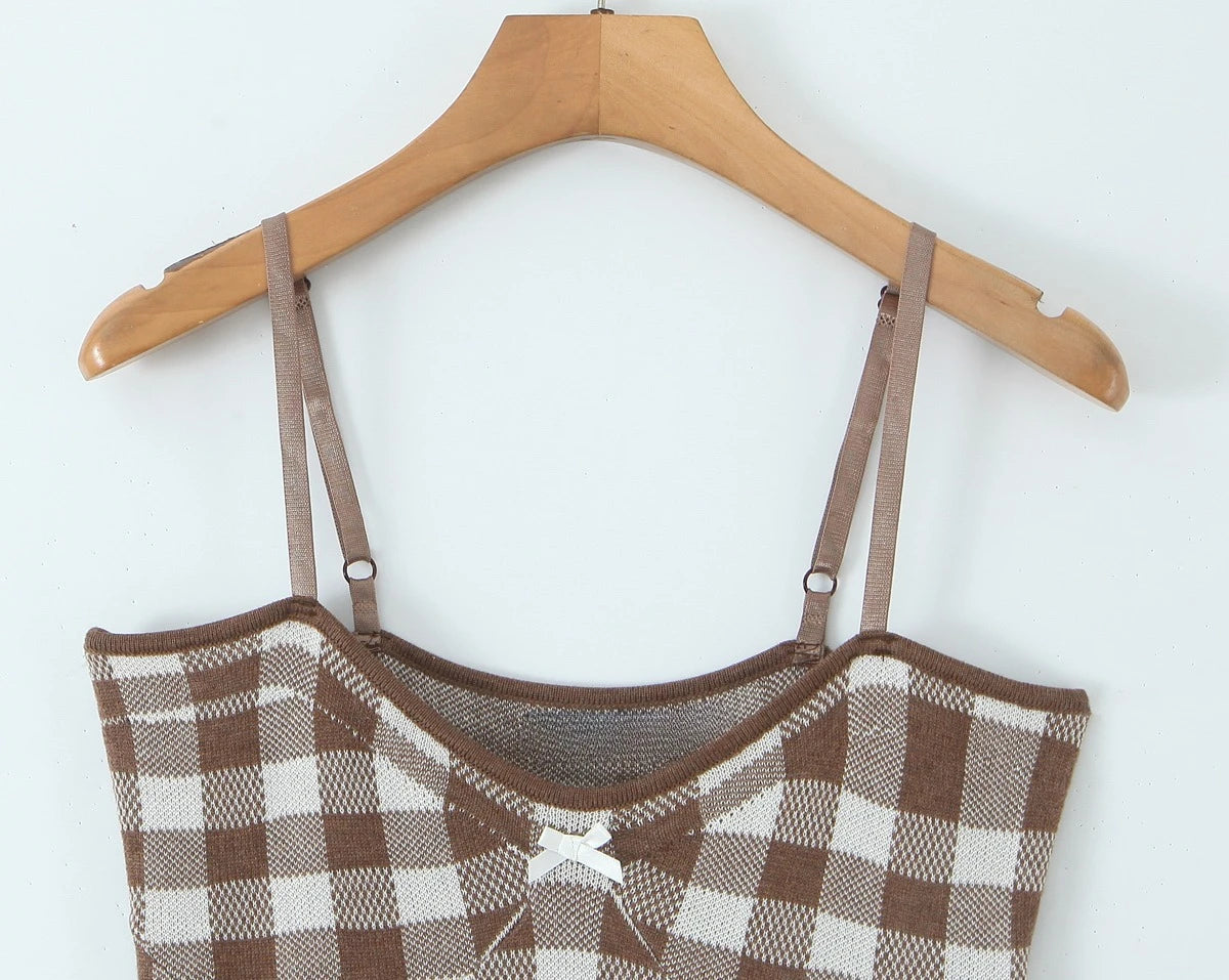Knitted Plaid Strap Sleeveless Mini Dress