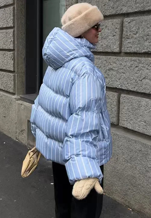 New Autumn Winter Hooded Quilted Striped Jacket Women Coat