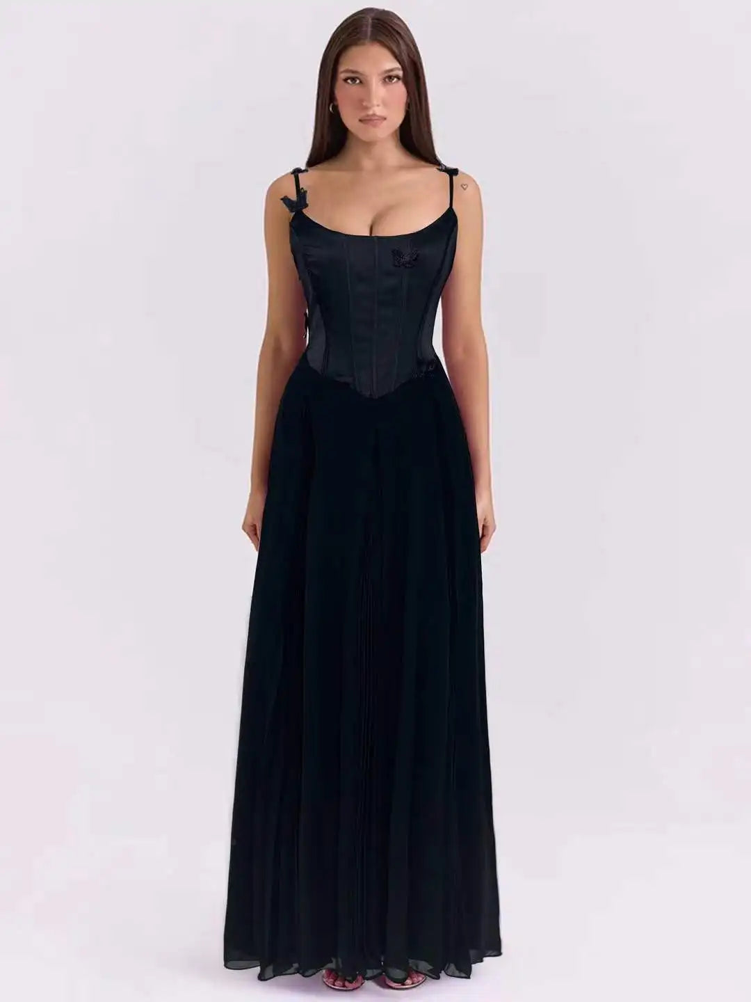 Butterfly Applique Corset Chiffon Maxi Dress