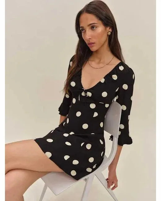 Polka Dot V-Neck Ruffle Sleeve Mini Dress