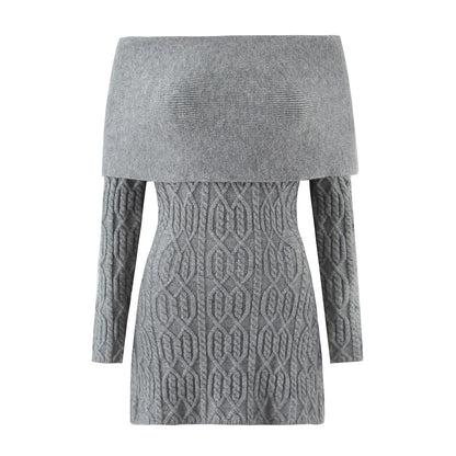 Knitted Solid Full Sleeve Striped Slash Neck Mini Dress
