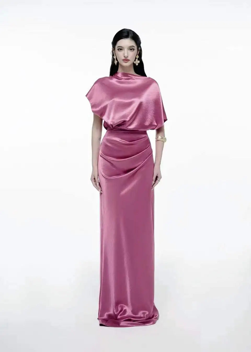 Satin Cowl Neck Ruched Waist Maxi Dress