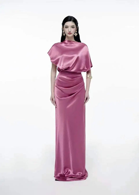 Satin Cowl Neck Ruched Waist Maxi Dress