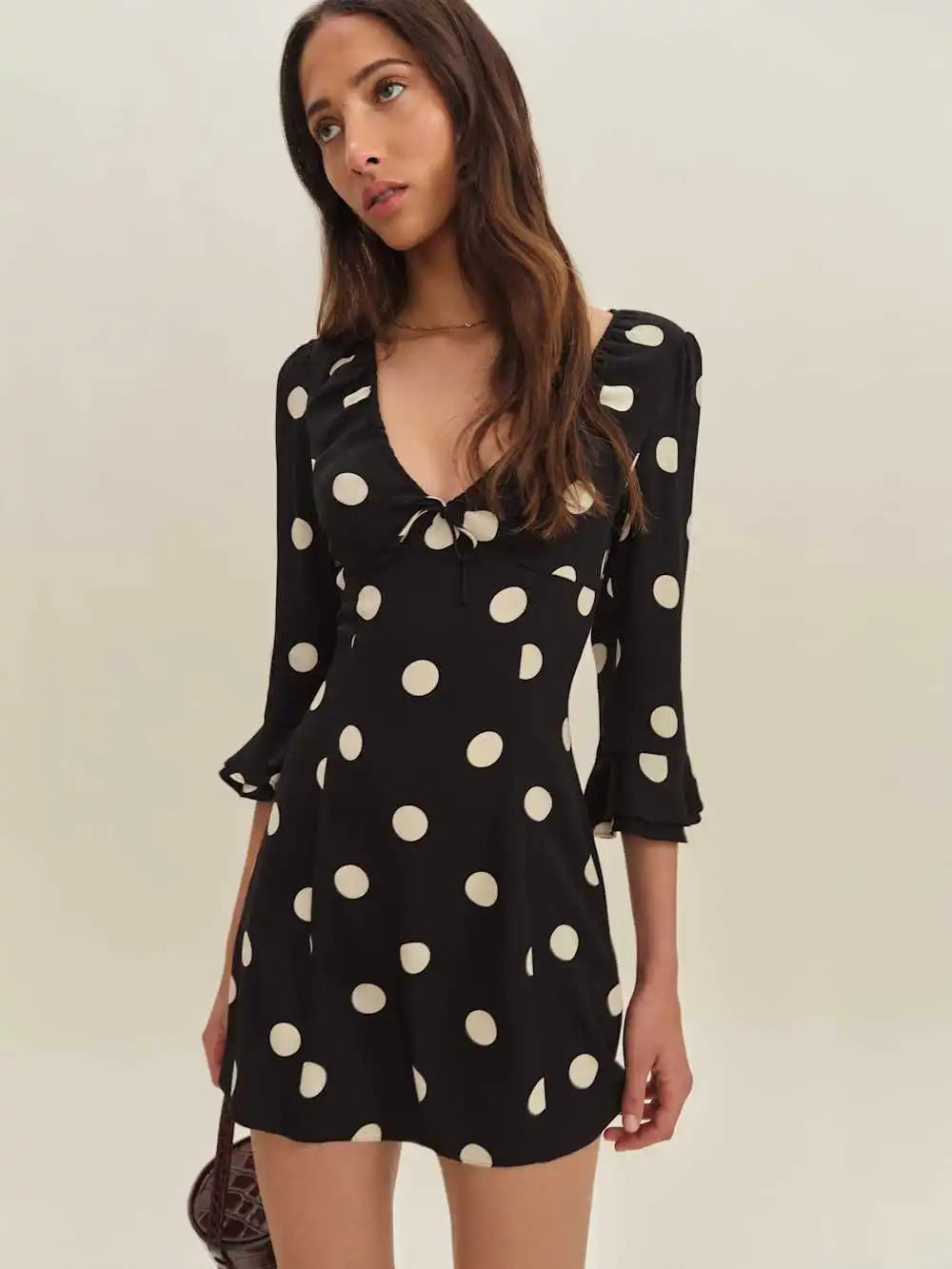 Polka Dot V-Neck Ruffle Sleeve Mini Dress