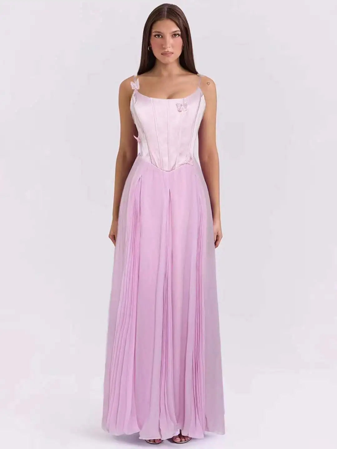 Butterfly Applique Corset Chiffon Maxi Dress