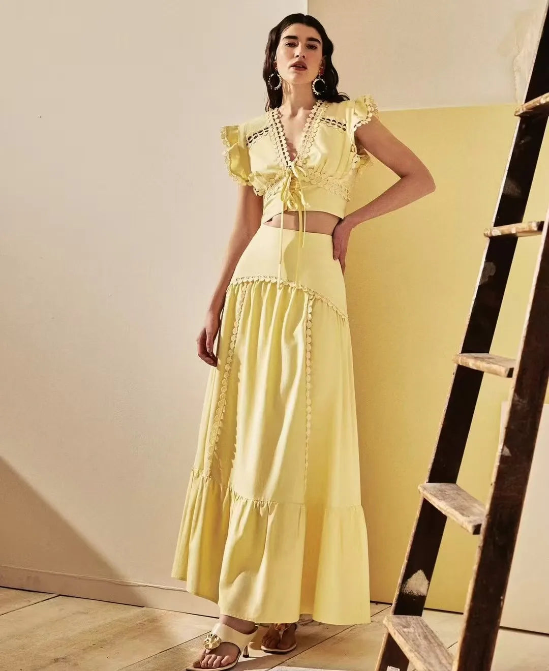 V-neck Top and A-line Loose Skirts Sets