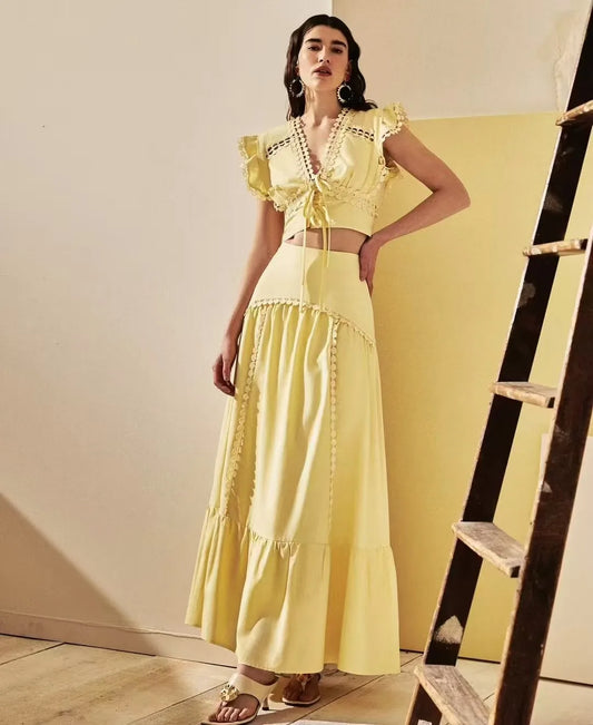 V-neck Top and A-line Loose Skirts Sets