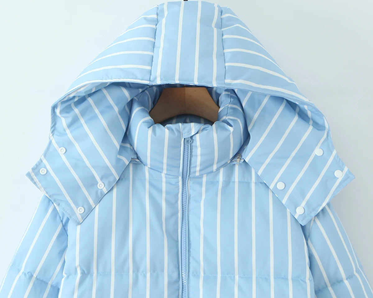 New Autumn Winter Hooded Quilted Striped Jacket Women Coat