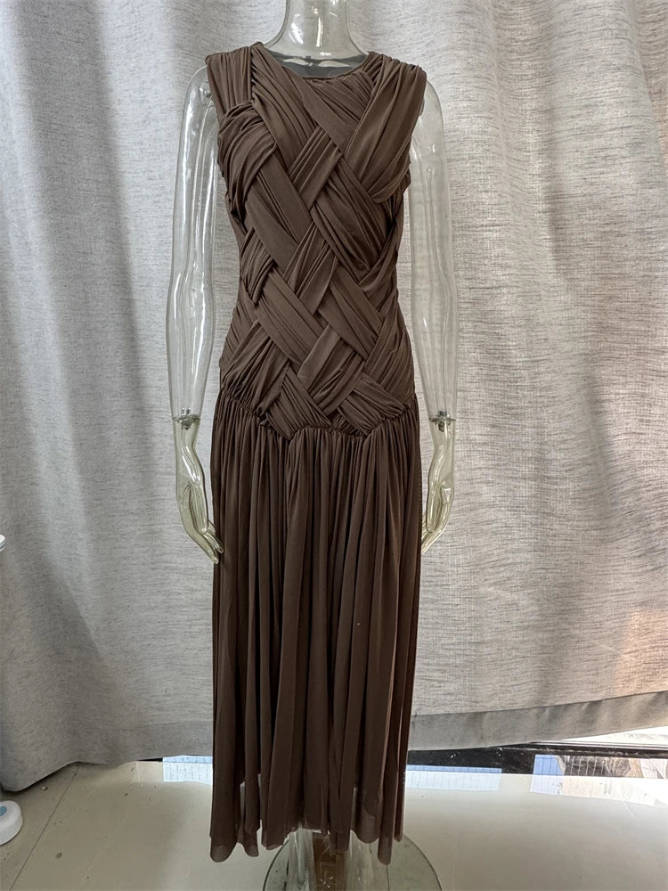 O-neck Sleeveless Knitting Slim Defied Waist Long Dress Knitted Split Holiday Autumn Dress