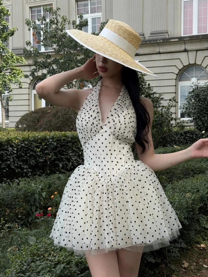 Polka Dot Halter Corset Tulle Mini Dress