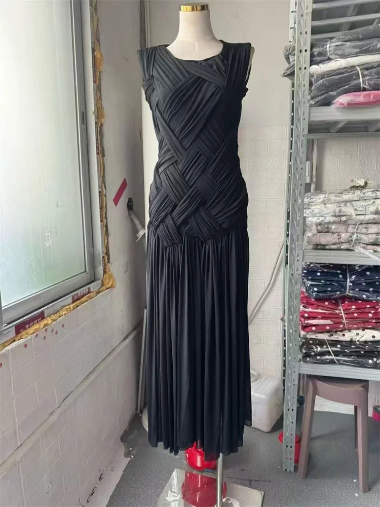 O-neck Sleeveless Knitting Slim Defied Waist Long Dress Knitted Split Holiday Autumn Dress