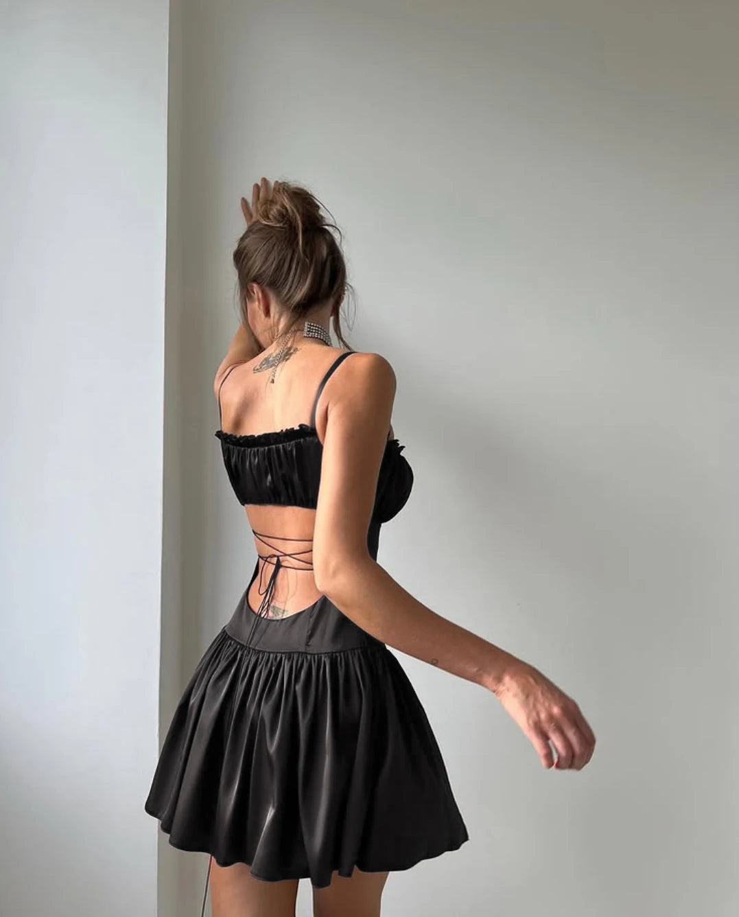 Satin Lace-Up Back Ruffled Bust Mini Dress