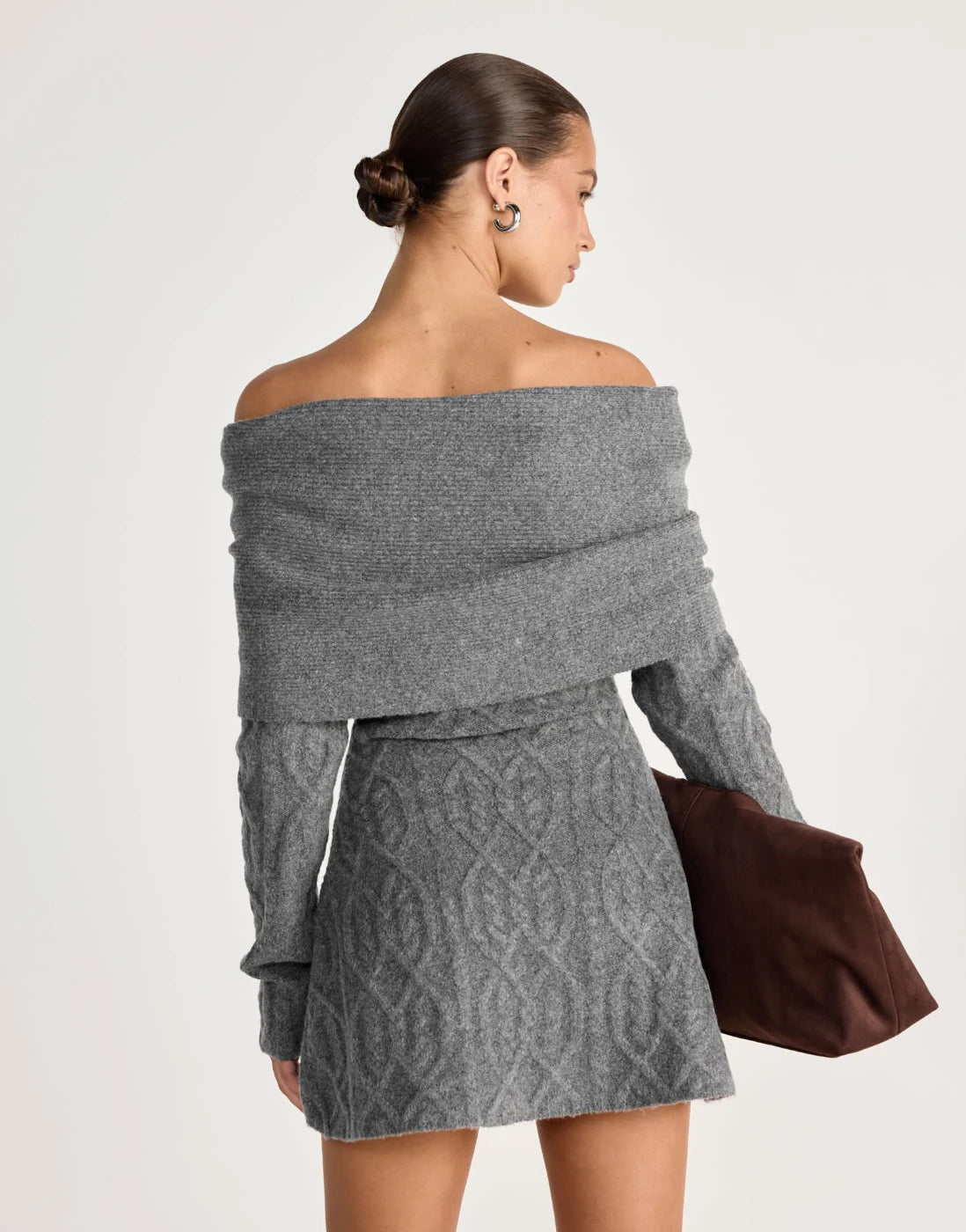 Knitted Solid Full Sleeve Striped Slash Neck Mini Dress