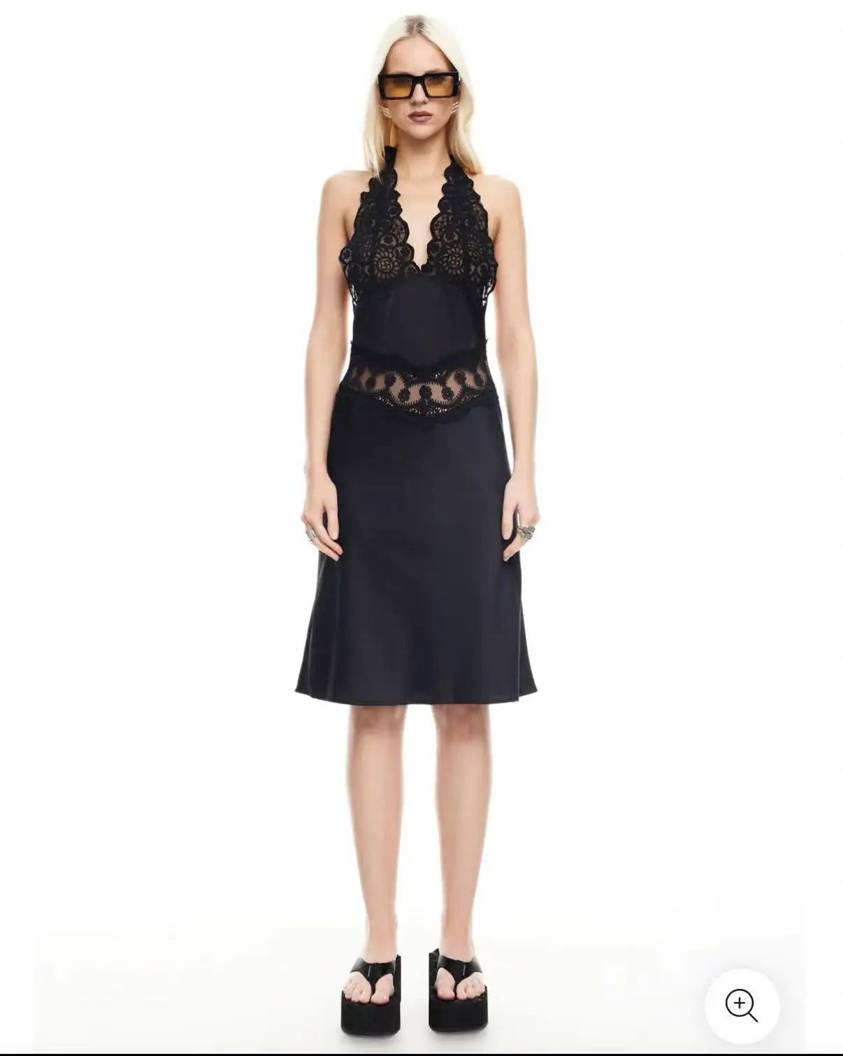 Slim Solid Neck-mounted Lace Sleeveless Patchwork Dress