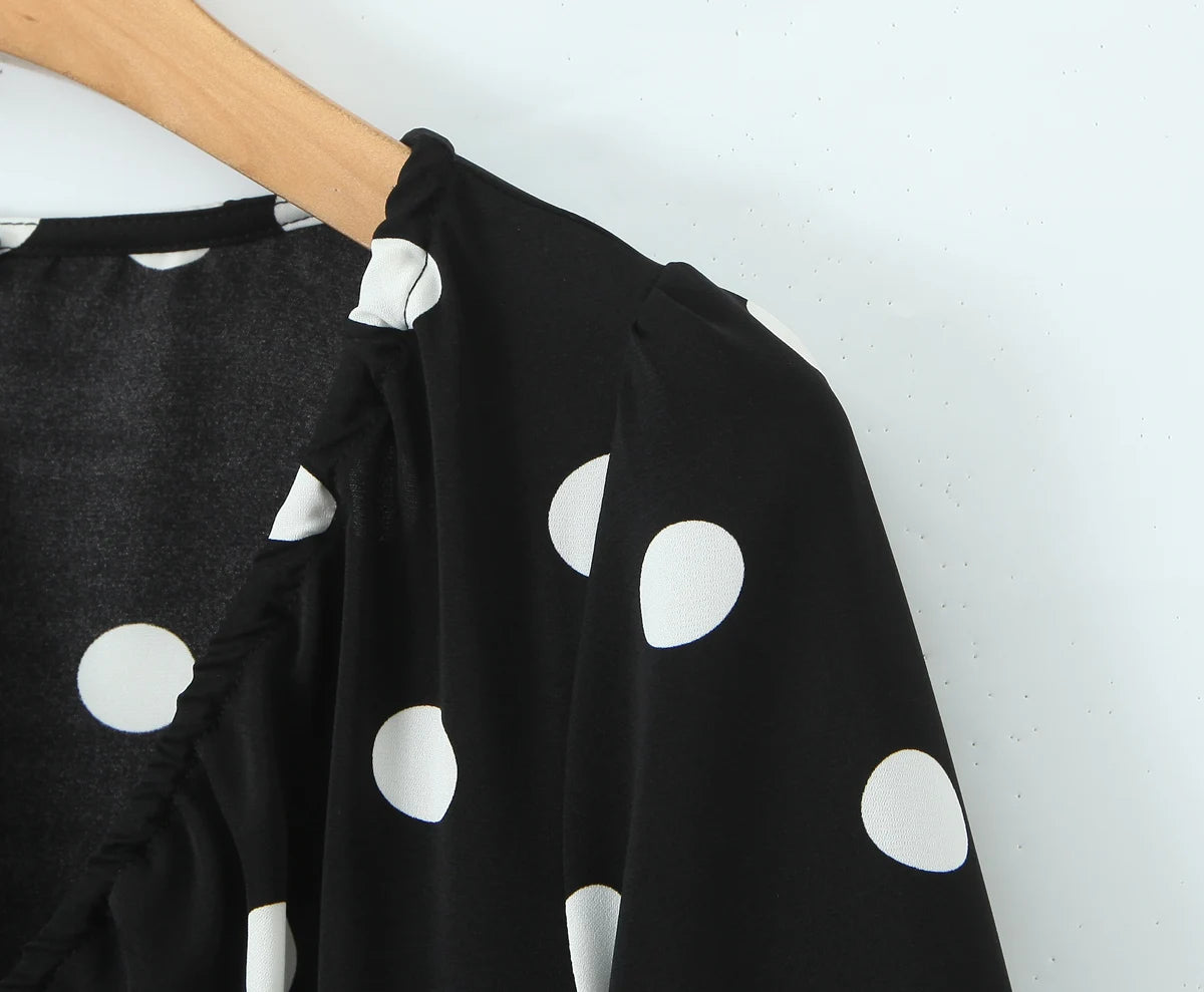 Polka Dot V-Neck Ruffle Sleeve Mini Dress