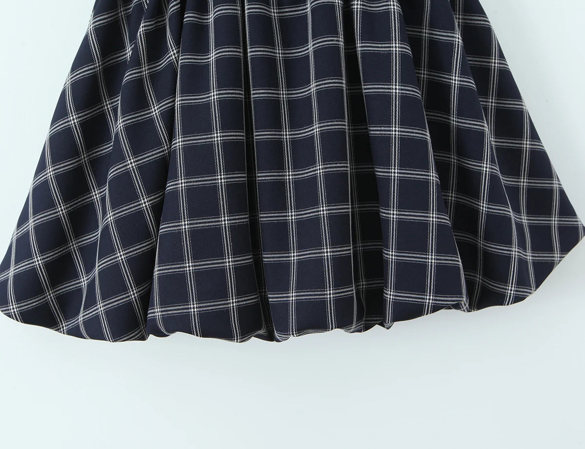 Blue Plaid Sweetheart Neck Bubble Hem Mini Dress