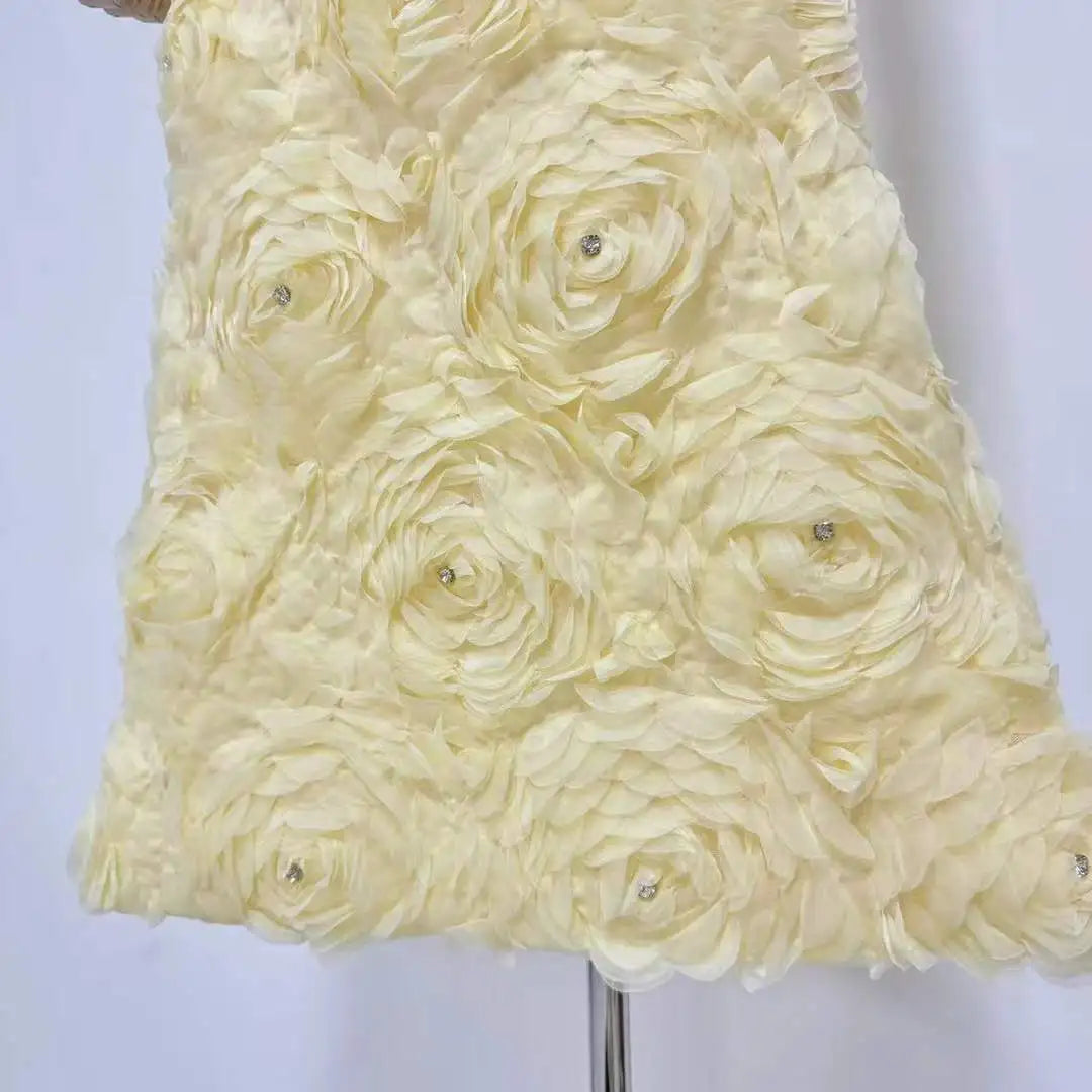 3D Floral Rose Puff Sleeve Square Neck Midi Dress