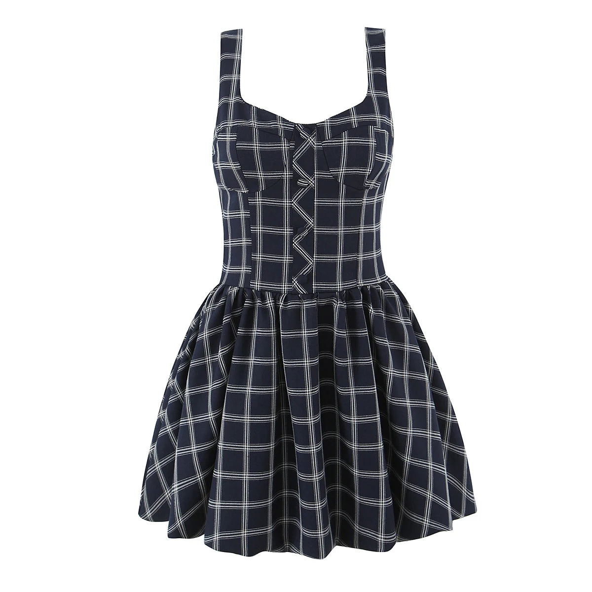 Blue Plaid Sweetheart Neck Bubble Hem Mini Dress