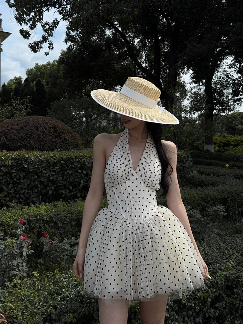 Polka Dot Halter Corset Tulle Mini Dress