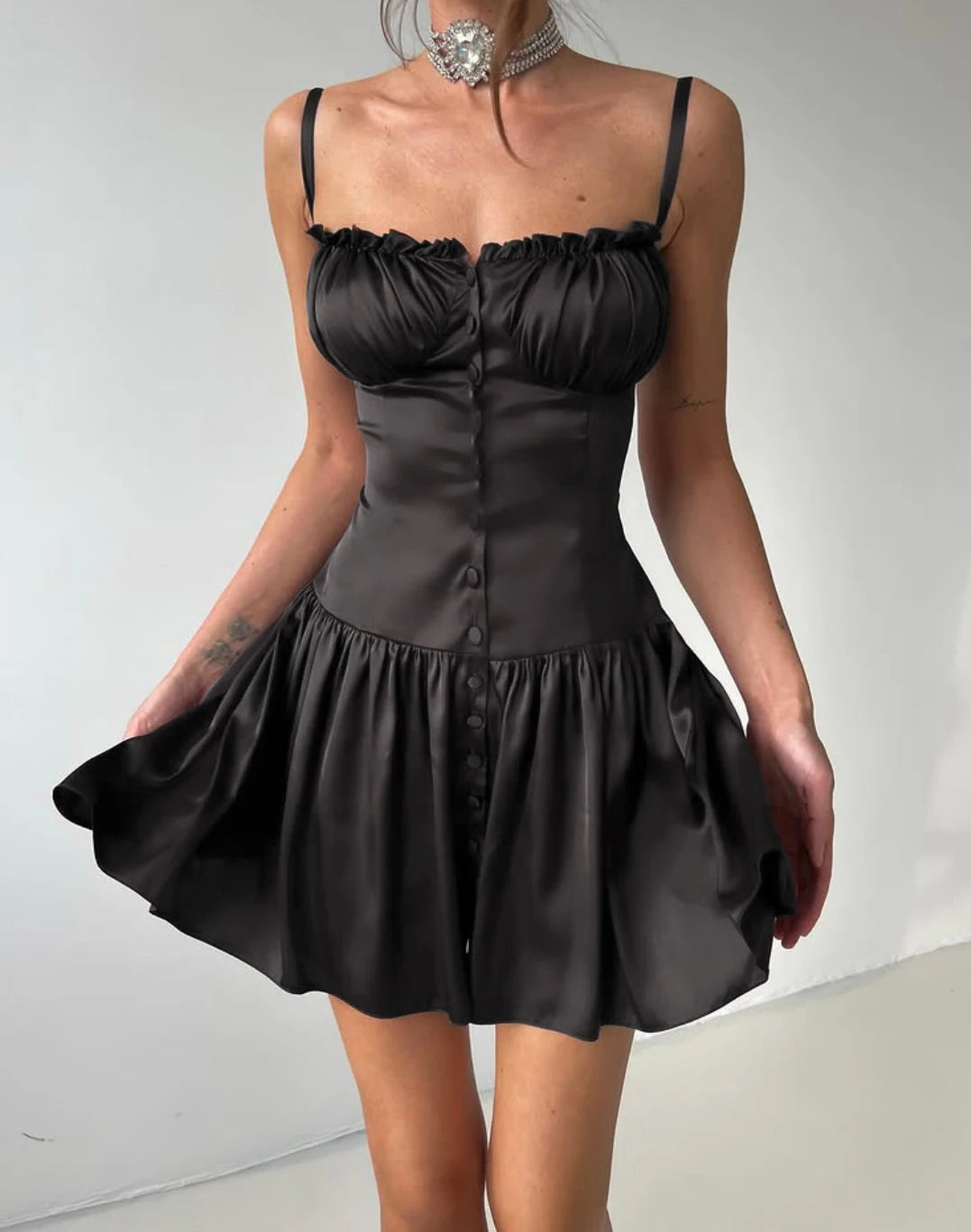 Satin Lace-Up Back Ruffled Bust Mini Dress