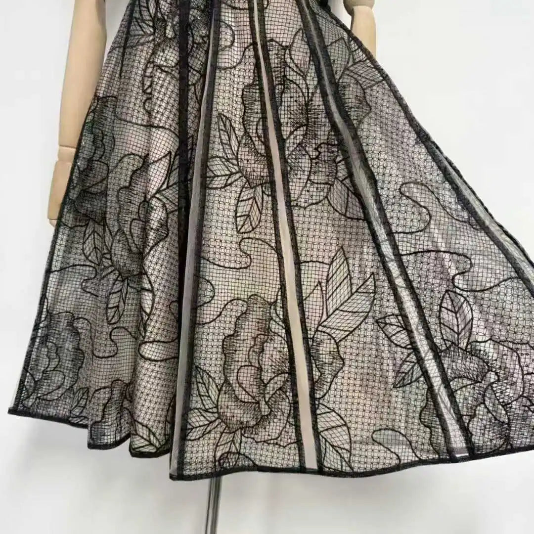 Sheer Black Floral Lace Short Sleeve Midi Dress