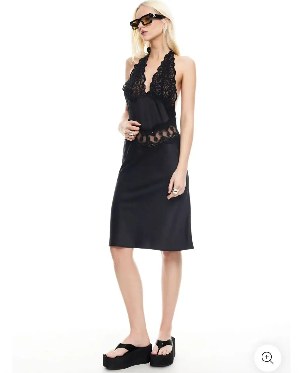 Slim Solid Neck-mounted Lace Sleeveless Patchwork Dress