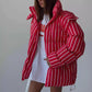 Street Loose Striped Thicken Hooded Cotton Jacket Long Sleeve Zipper Warm Coat
