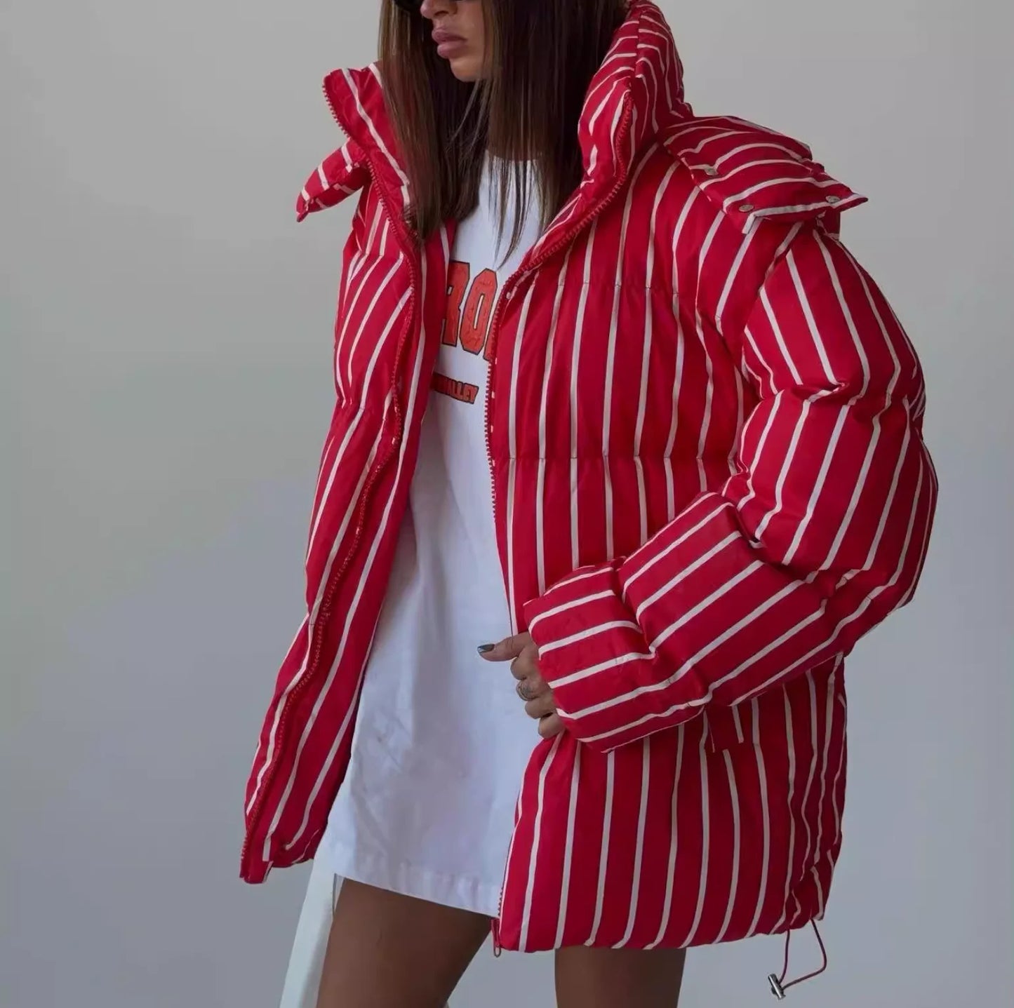 Street Loose Striped Thicken Hooded Cotton Jacket Long Sleeve Zipper Warm Coat