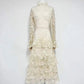 Cream/Pink Lace Tiered Midi Dress | High Neck Long Sleeve Elegant Dress