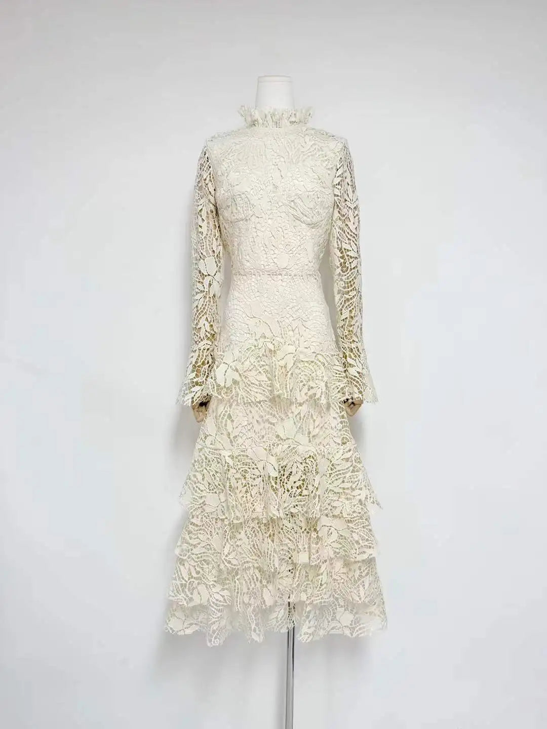 Cream/Pink Lace Tiered Midi Dress | High Neck Long Sleeve Elegant Dress