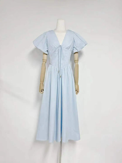 Puff Sleeve Corset V-Neck Midi Dress