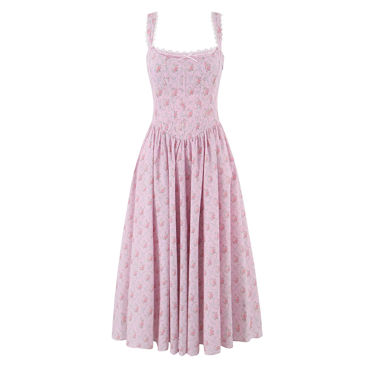 Floral Print Strap Sleeveless High Waist Lace-up Dress