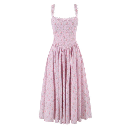 Floral Print Strap Sleeveless High Waist Lace-up Dress