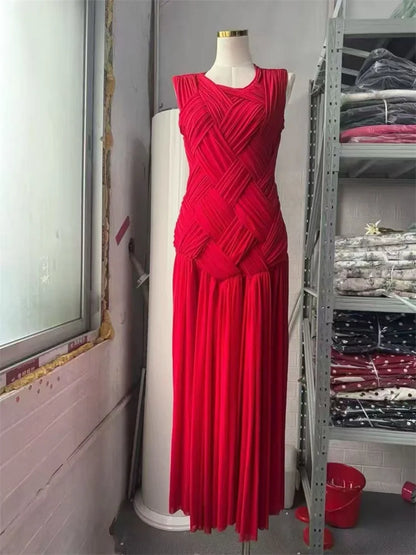 O-neck Sleeveless Knitting Slim Defied Waist Long Dress Knitted Split Holiday Autumn Dress