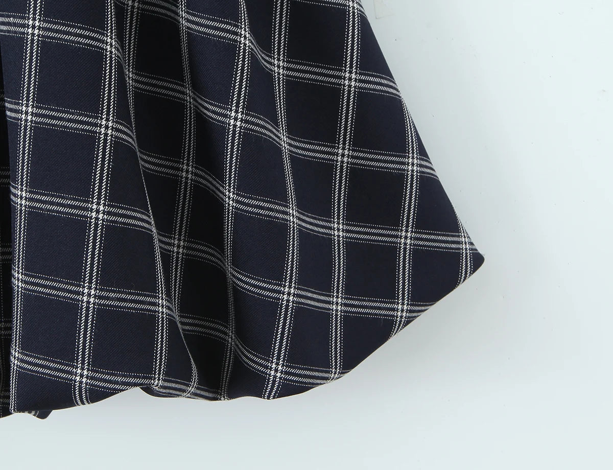 Blue Plaid Sweetheart Neck Bubble Hem Mini Dress