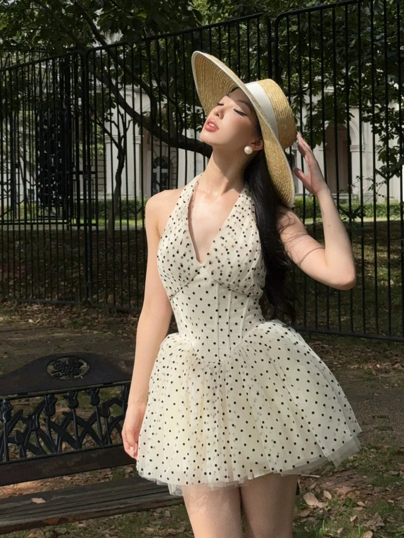 Polka Dot Halter Corset Tulle Mini Dress