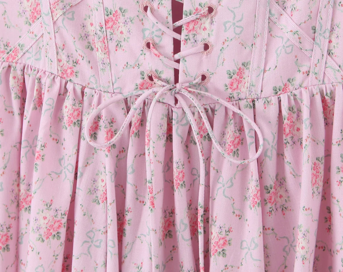 Floral Print Strap Sleeveless High Waist Lace-up Dress