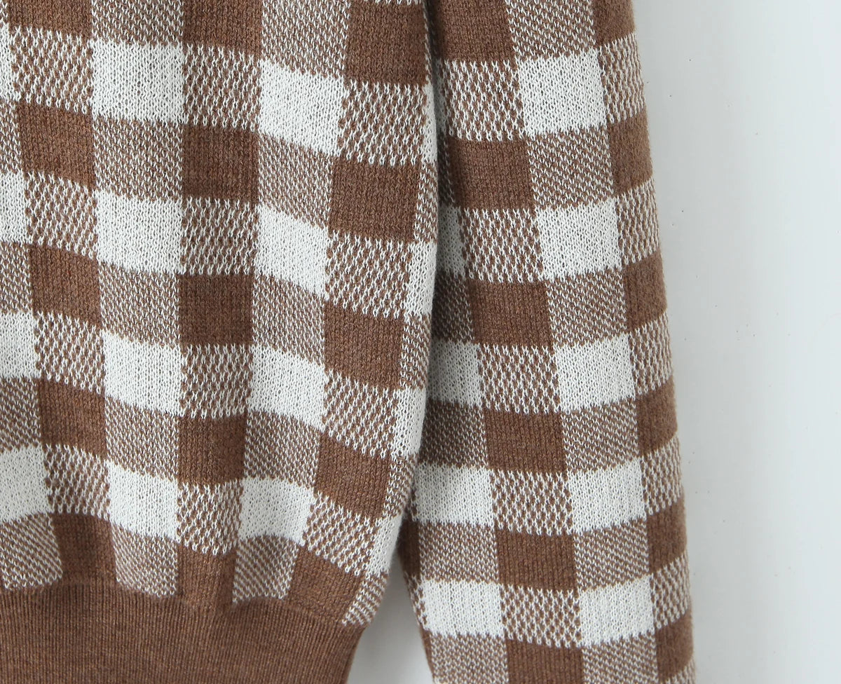 Slim Plaid Knitted V-neck Full Sleeve with Button Cardigan