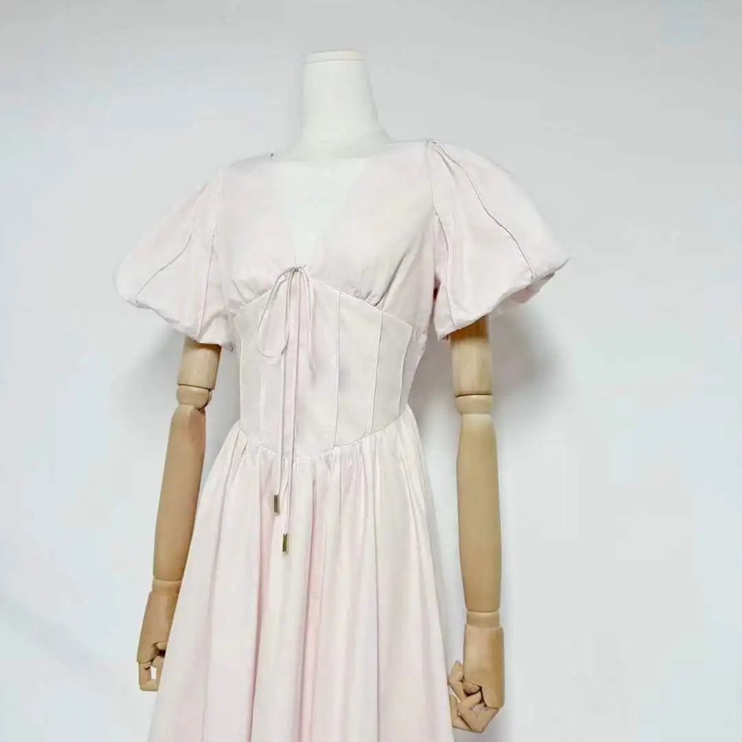 Puff Sleeve Corset V-Neck Midi Dress