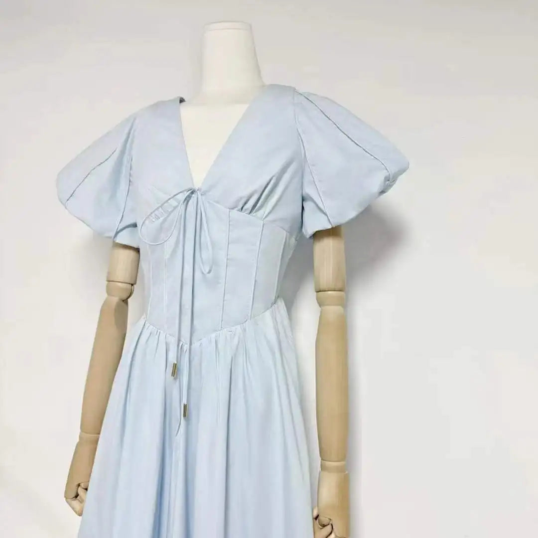 Puff Sleeve Corset V-Neck Midi Dress